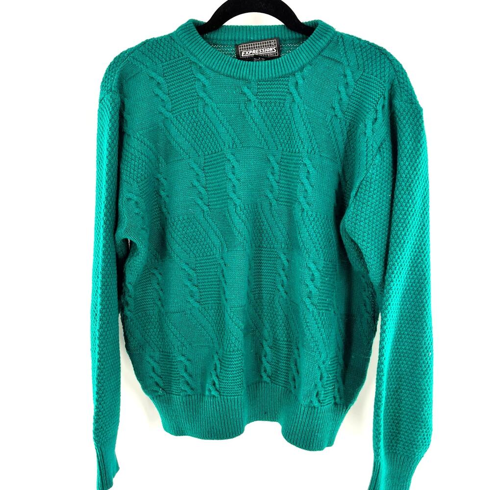 vintage LG women's cable knit crew neck sweater teal green large solid color